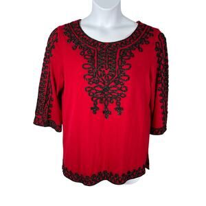 Vintage Lauren Michelle Top Womens Large Red Black‎ Sparkle Soutache Trim